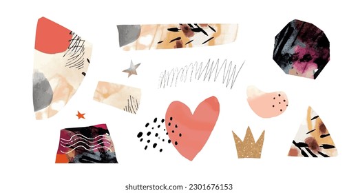 Abstract art elements, watercolor and ink collage pieces of paper and tape. Textured shapes of heart, crown. Zine style for journals and planners. Vector modern minimalist collection