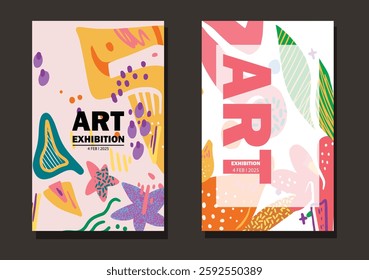 Abstract art for exhibition design. Vector geometric illustration of bright shapes, spots, objects, line, eye, portrait, abstract, pattern, nature for poster, background, flyer, brochure or cover 