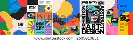 Abstract art for exhibition design. Vector geometric illustration of bright shapes, spots, objects, line, eye, portrait, abstract, pattern, nature for poster, background, flyer, brochure or cover