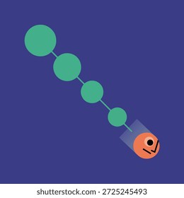 Arte Abstractas que presenta círculos verdes conectados que conducen a un personaje naranja sobre un fondo azul, creando un diseño caprichoso y moderno.
