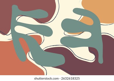 Abstract art featuring green plantlike shapes against a background of tan orange and maroon rounded forms and dark line work