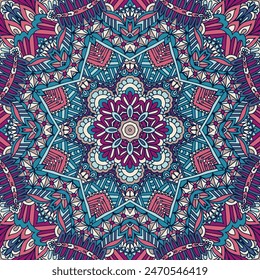 Abstract art festive seamless pattern mandala. Ethnic geometric mandala doodle detailed print. Colorful psychdedlic background ornament for textile