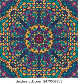 Abstractas arte festivo sin patrón mandala. Etnia geométrica doodle detallada impresión. Ornamento de fondo psicodélico colorido para textil