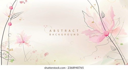 Abstract art floral background in beige and pink peach tones with outlines of flowers and leaves with golden design elements. Vector drawing for advertising banner, greeting card, invitation, covers.