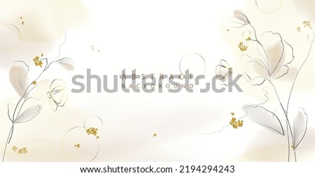 Abstract art floral background in beige and earth tones with outlines of flowers with leaves and golden lines. Vector drawing for advertising banner, greeting card, invitation, poster, Web, covers.
