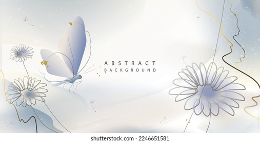 Abstract art floral background in blue watercolor tones with outlines of chamomile flowers, delicate butterfly, golden lines. Vector drawing for advertising banner, greeting card, invitation, covers.