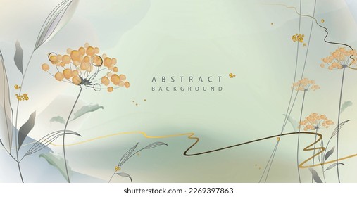 Resumen de arte de fondo floral en tonos de agua verde y tierra con contornos de flores anaranjadas (bayas) y líneas doradas. Dibujo vectorial para banner, tarjeta de saludo, invitación, portadas, otros.