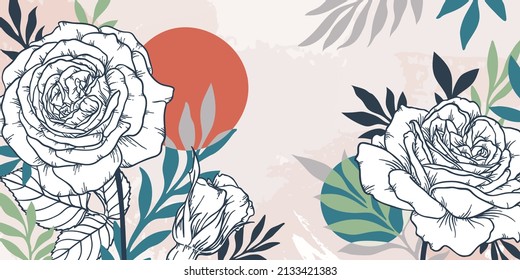 Abstract art floral background. hand draw outline roses flowers with leaves and circle shapes. Vector background for wall decoration, banner, postcard, poster or brochure