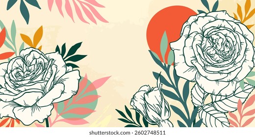 Abstract art floral background. hand draw outline flowers with leaves and circle shapes. Vector background for wall decoration, banner, postcard, poster, brochure
