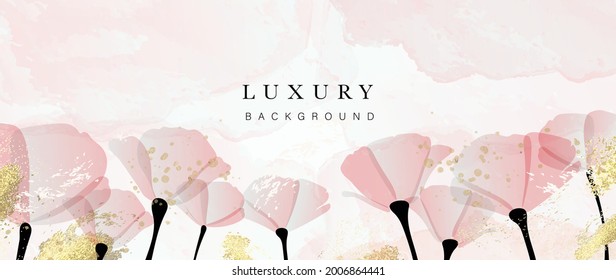 Abstract art flower background vector. Luxury minimal style wallpaper with golden line art floral and botanical leaves, Tulip, rose, Spring growing flowers and Organic shapes watercolor. 