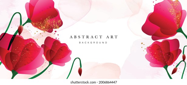 Abstract art flower background vector. Luxury minimal style wallpaper with golden line art floral and botanical leaves, Tulip, rose, Spring growing flowers and Organic shapes watercolor. 