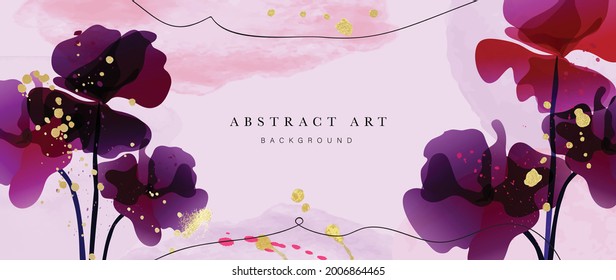 Abstract art flower background vector. Luxury minimal style wallpaper with golden line art floral and botanical leaves, Tulip, rose, Spring growing flowers and Organic shapes watercolor. 