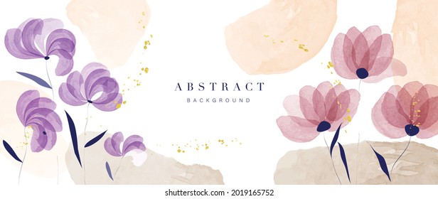 Abstract art flower background vector. Luxury minimal style wallpaper with golden line art floral and botanical leaves, Spring growing flowers and Organic shapes watercolor. 