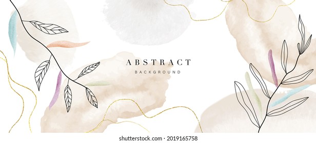 Abstract art flower background vector. Luxury minimal style wallpaper with golden line art floral and botanical leaves, Spring growing flowers and Organic shapes watercolor. 