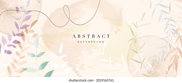 Abstract art flower background vector. Luxury minimal style wallpaper with golden line art floral and botanical leaves, Spring growing flowers and Organic shapes watercolor. 
