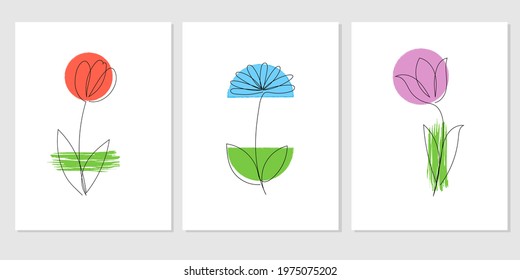 Abstract art flowers background vector. Continious line drawing. Modern minimalism art. Collection of backgrounds