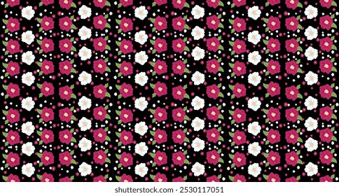 Abstract art foral pink and white flower pattern on black background