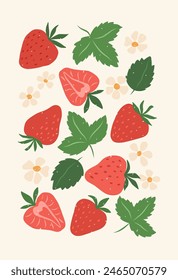 Abstract art fruit poster. Modern print with hand drawn strawberry, leaves and flowers. Paper cut contemporary art elements. Trendy design for wall decor, postcard, cover, t shirt.