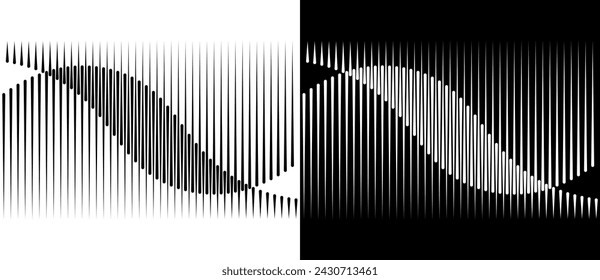 Abstract art geometric background with vertical lines. Optical illusion with waves.  Design element or icon. Black shape on a white background and the same white shape on the black side.