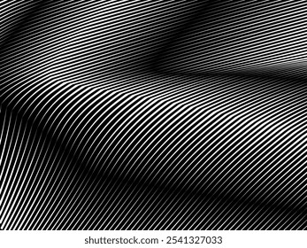 Abstract art geometric black background with abstract 3d white stripes. Black and white optical illusion with waves and transitions.