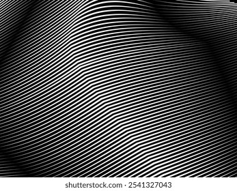 Fondo negro geométrico del arte Abstractas con las rayas blancas abstractas 3D. Ilusión óptica en blanco y negro con ondas y transiciones.