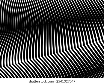 Fondo negro geométrico del arte Abstractas con las rayas blancas abstractas 3D. Ilusión óptica en blanco y negro con ondas y transiciones.