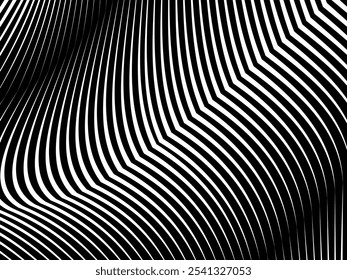 Fondo negro geométrico del arte Abstractas con las rayas blancas abstractas 3D. Ilusión óptica en blanco y negro con ondas y transiciones.