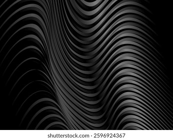 Abstract art geometric black background with shiny abstract 3d gradient gray lines pattern. Gray black optical illusion with waves and transitions.