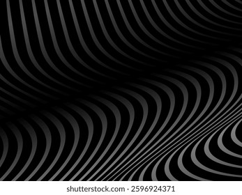 Abstract art geometric black background with shiny abstract 3d gradient gray lines pattern. Gray black optical illusion with waves and transitions.