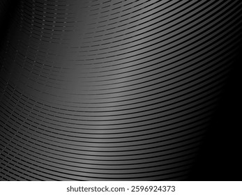 Abstract art geometric black background with shiny abstract 3d gradient gray lines pattern. Gray black optical illusion with waves and transitions.