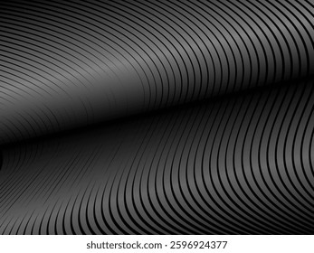 Abstract art geometric black background with shiny abstract 3d gradient gray lines pattern. Gray black optical illusion with waves and transitions.