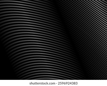 Abstract art geometric black background with shiny abstract 3d gradient gray lines pattern. Gray black optical illusion with waves and transitions.