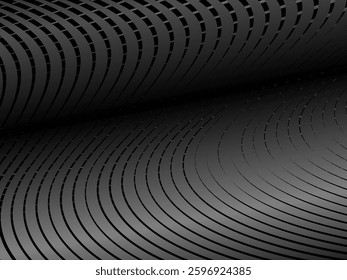 Abstract art geometric black background with shiny abstract 3d gradient gray lines pattern. Gray black optical illusion with waves and transitions.