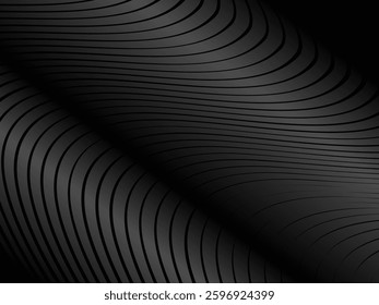 Abstract art geometric black background with shiny abstract 3d gradient gray lines pattern. Gray black optical illusion with waves and transitions.