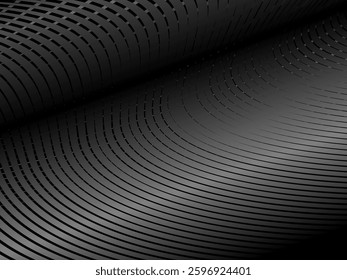 Abstract art geometric black background with shiny abstract 3d gradient gray lines pattern. Gray black optical illusion with waves and transitions.