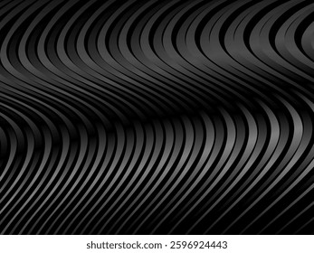 Abstract art geometric black background with shiny abstract 3d gradient gray lines pattern. Gray black optical illusion with waves and transitions.