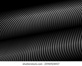 Abstract art geometric black background with shiny abstract 3d gradient gray lines pattern. Gray black optical illusion with waves and transitions.
