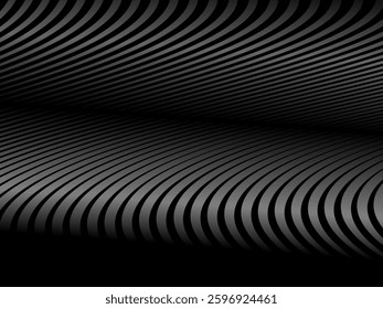 Abstract art geometric black background with shiny abstract 3d gradient gray lines pattern. Gray black optical illusion with waves and transitions.