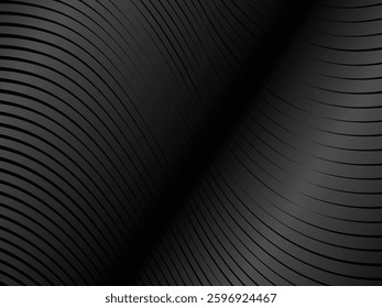 Abstract art geometric black background with shiny abstract 3d gradient gray lines pattern. Gray black optical illusion with waves and transitions.