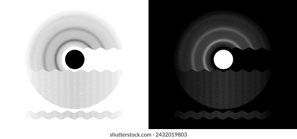 Abstract art geometric illustration with waves. Stream, sun and rays as design element or icon, logo. Black shape on a white background and the same white shape on the black side.