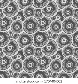Abstract art geometric monochrome vector seamless pattern. Hand drawn gray dotted circles layering on each other. Template for design, textile, wallpaper, wrapping, ceramics.