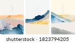 Abstract art with geometric pattern vector. Mountain landscape design with watercolor texture. Natural background with Japanese wave elements.