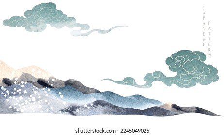 Abstract art with geometric pattern vector. Mountain forest landscape design with blue and black watercolor texture. Natural background with Chinese cloud elements. 