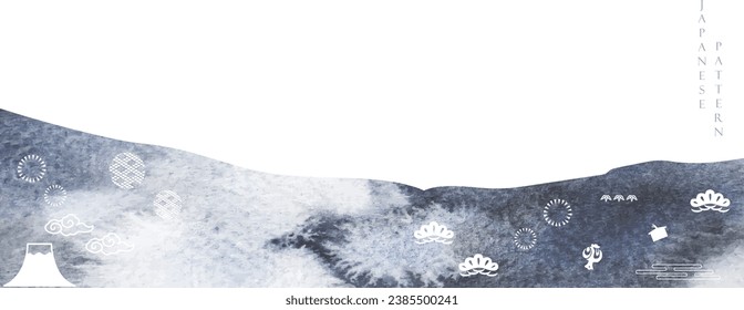 Abstract art with geometric pattern vector. Mountain forest landscape design with grey watercolor texture. Natural background. marine concept. Japanese icon decoration