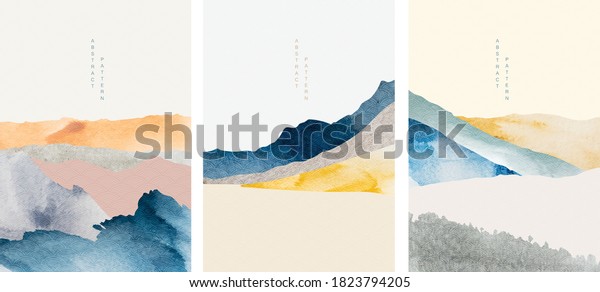 Abstract art with geometric pattern vector.\
Mountain landscape design with watercolor texture. Natural\
background with Japanese wave\
elements.
