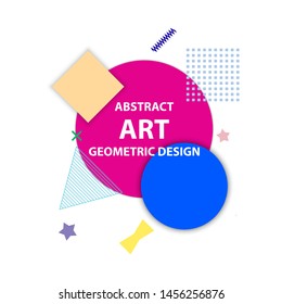 Abstract art geometric shapes of blue, red and yellow colors- circle, triangle, rectangle, shadows and additional decorative elements. Abstract art geometric design.