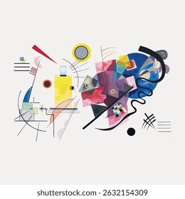 Abstract art with geometric shapes, colorful patterns, and dynamic lines. Features circles, squares, and curves in vibrant hues. Modern and expressive design. Vintage art illustration vector.