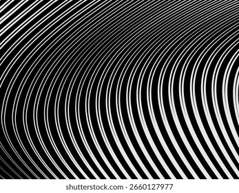 Fondo blanco geométrico del arte Abstractas con las líneas negras abstractas 3D. Ilusión óptica en blanco y negro con ondas y transiciones.