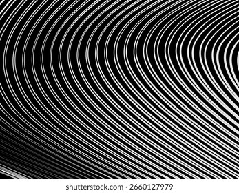 Fondo blanco geométrico del arte Abstractas con las líneas negras abstractas 3D. Ilusión óptica en blanco y negro con ondas y transiciones.