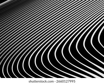 Fundo branco geométrico de arte abstrata com linhas pretas 3d abstratas. Ilusão óptica em preto e branco com ondas e transições.